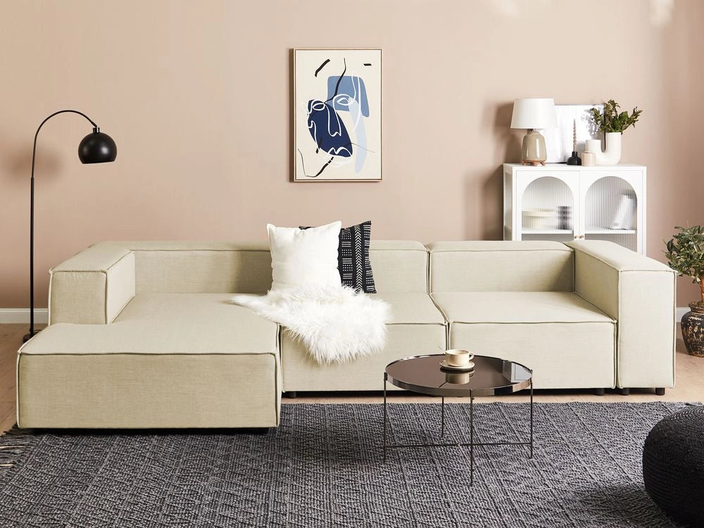 Divano modulare a destra Divano angolare componibile a 3 posti in lino beige con gambe nere Soggiorno moderno