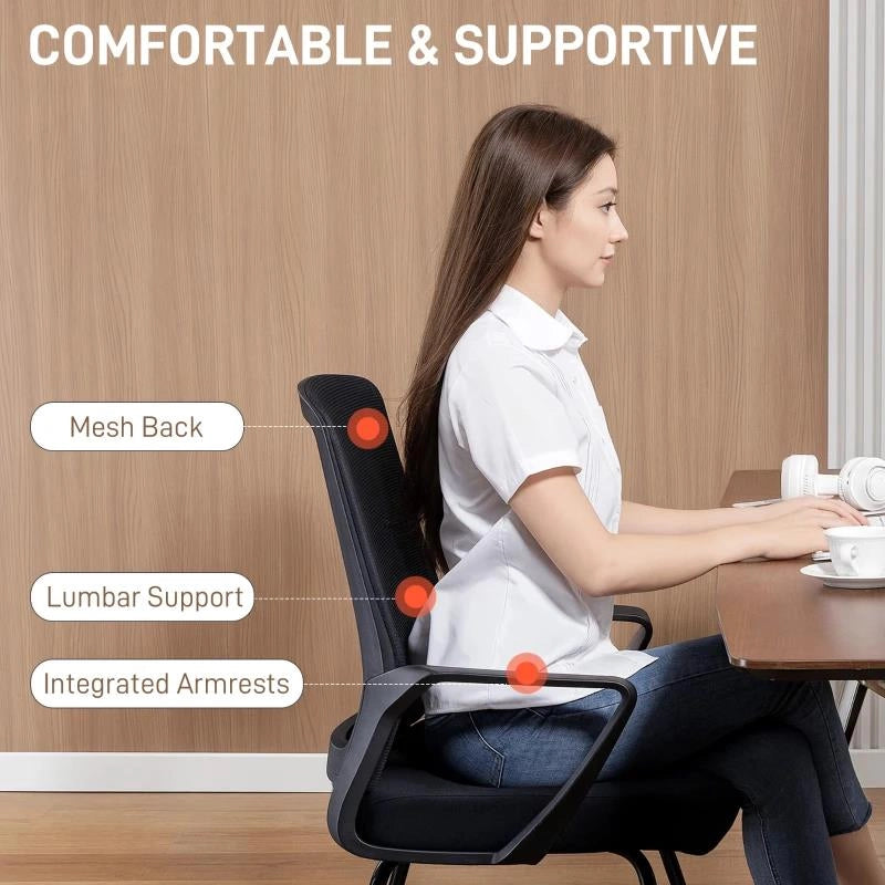 SEDIA DA UFFICIO SENZA RUOTE ERGONOMICA CON BRACCIOLI PER SALA D'ATTESA, NERO