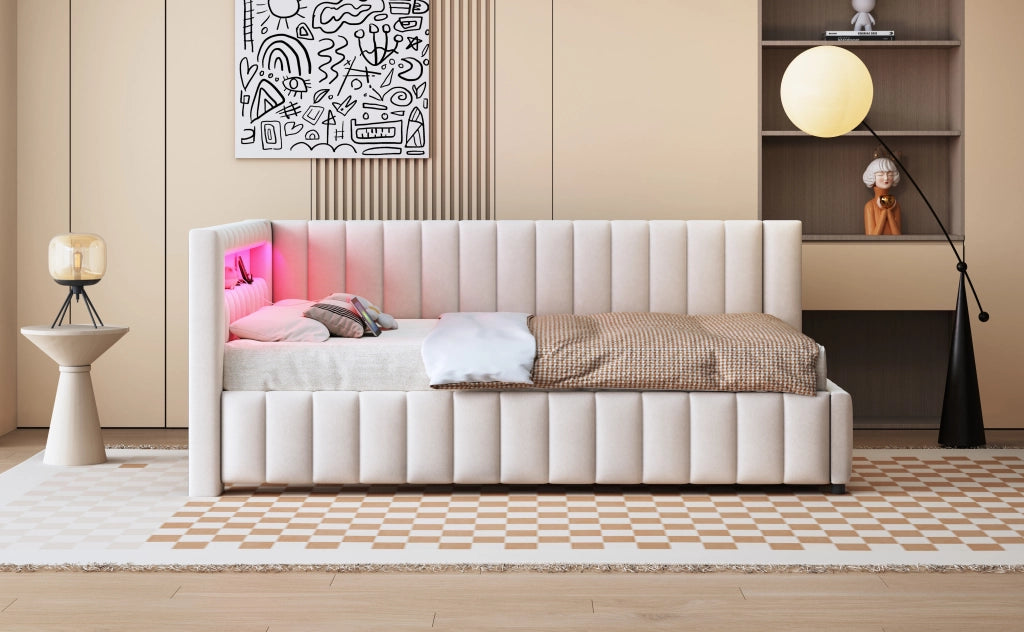 DESMIU Letto divano 140 × 200 cm 2 posti con LED, USB, schienale e testiera, senza materasso, beige