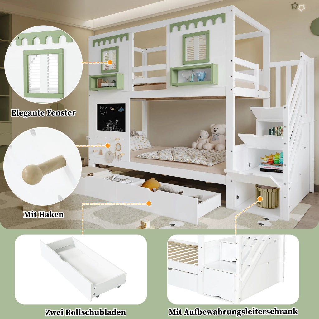 Letto a Castello 90x200 cm - Armadio a Gradini; 2 Cassetti e Ganci - Bianco e Verde