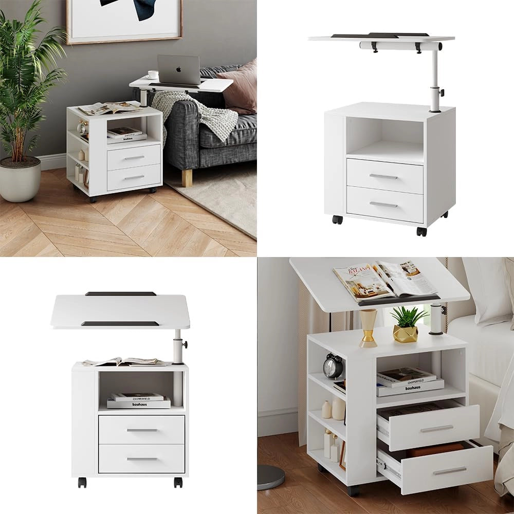Comodino Bora, Bianco, 60 x 69 cm con 2 cassetti, con piano di lavoro girevole e ruote per un utilizzo flessibile