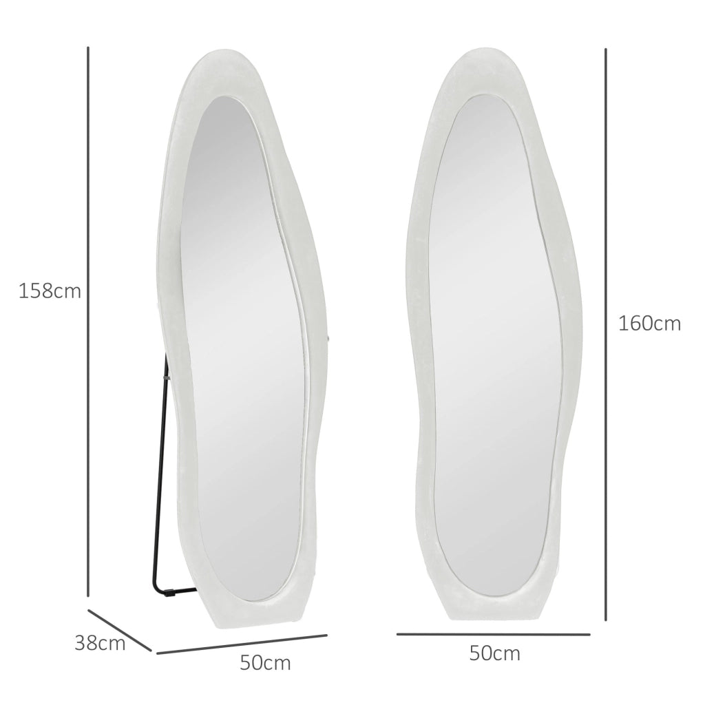 Specchio da Parete o da Terra Autoportante a Figura Intera con Cornice Ondulata in Velluto 160x50 cm Bianco