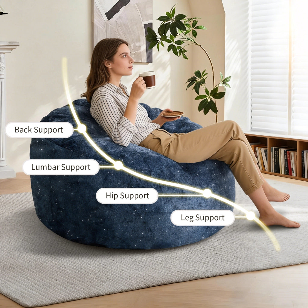 Fauteuil pouf ergonomico con schienale alto curvo e seduta profonda per relax e lettura in flanella blu da interno