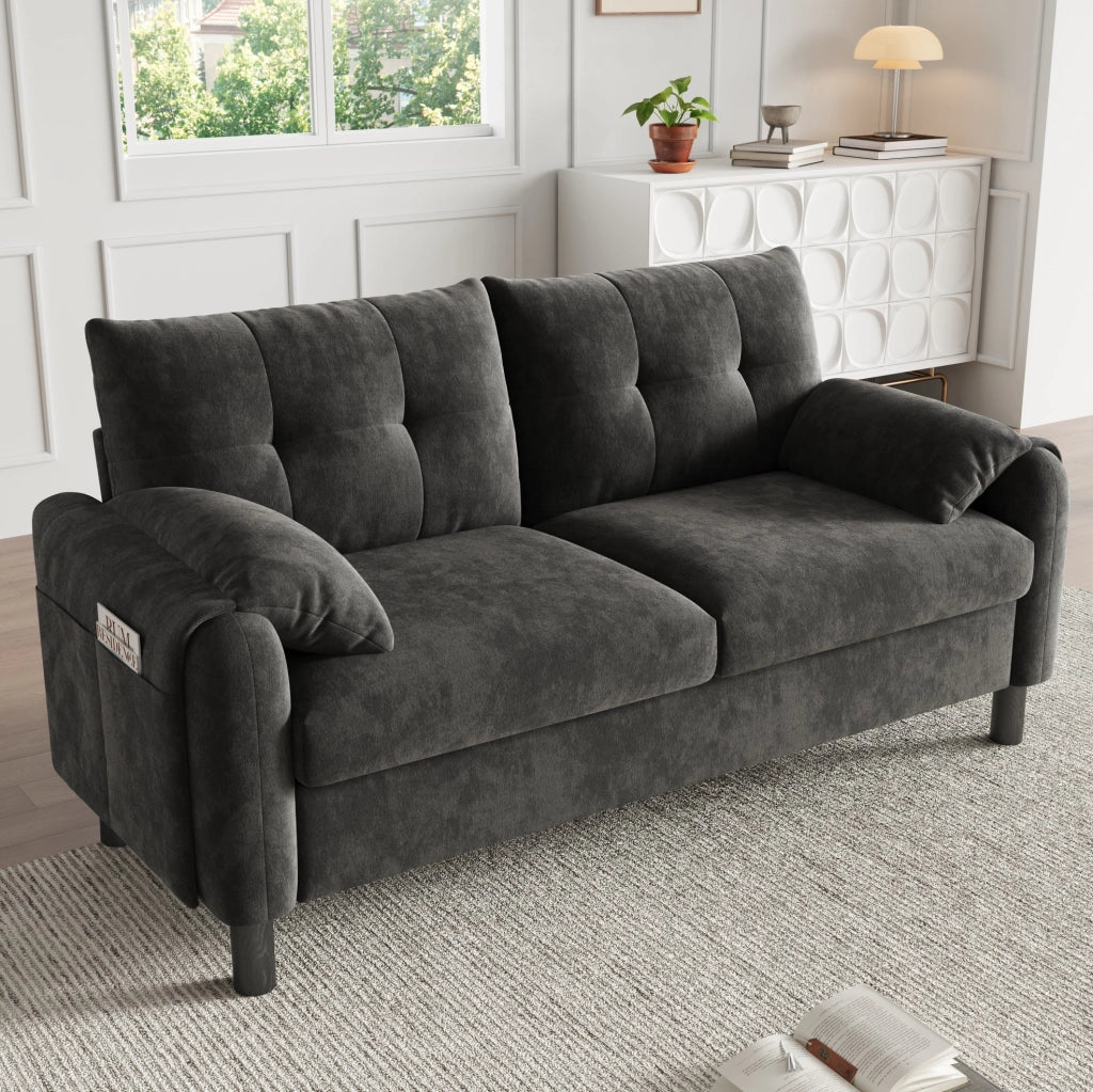 Divano a 2 posti in chenille grigio 158 x 80 x 88;5 cm con tasche laterali e cuscini