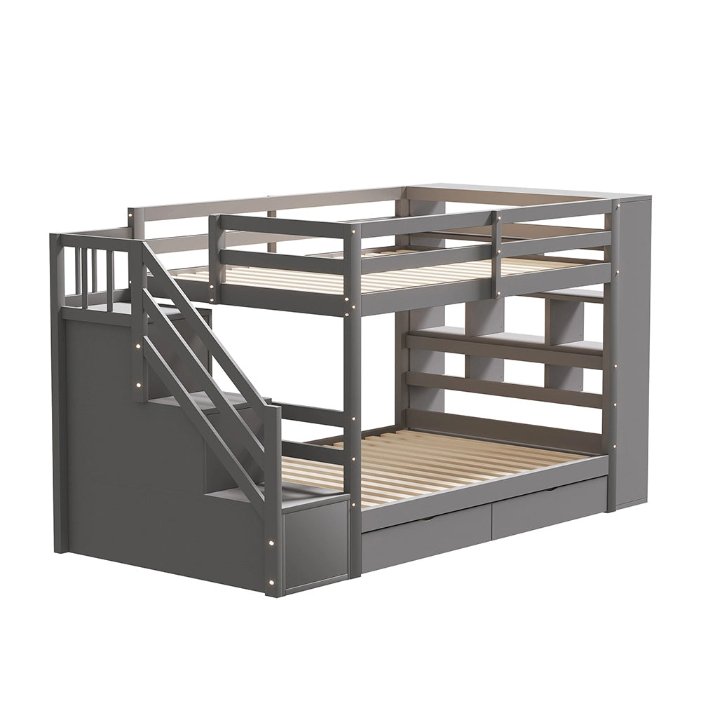 Letto a castello 90x200 cm - Xylo - Grigio con scala di sicurezza e cassetti