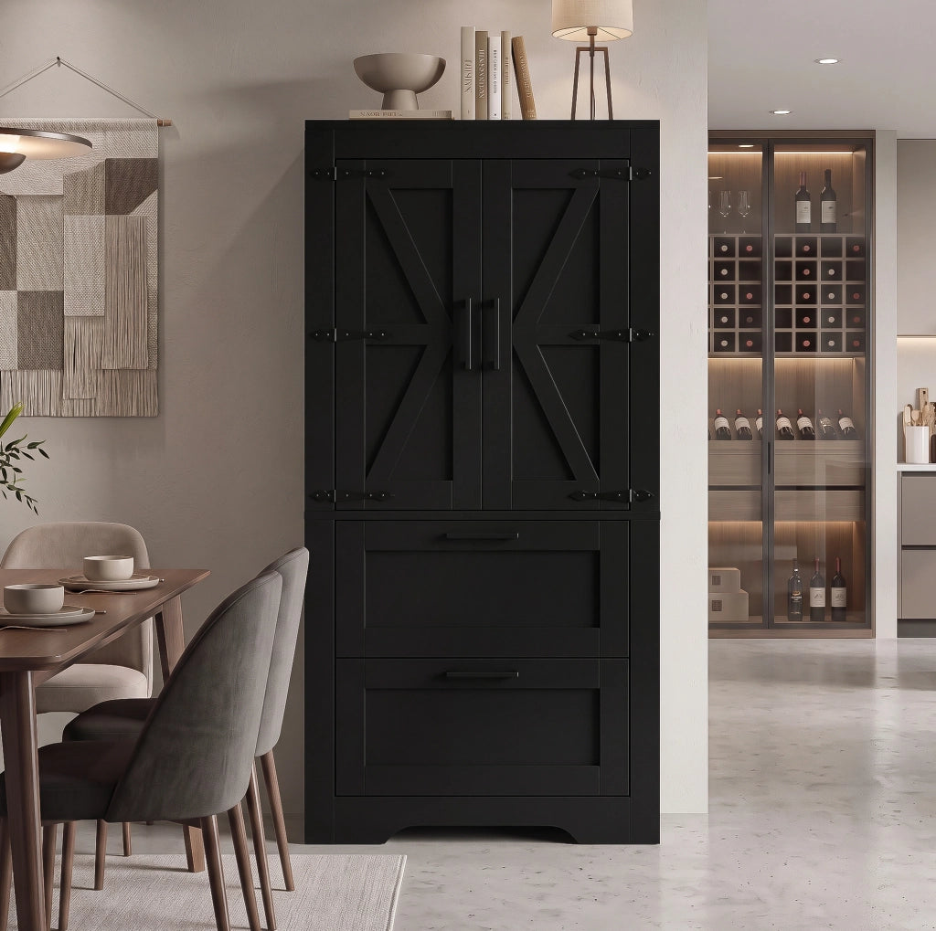 Credenza alta stile country con 2 cassetti e ripiani regolabili; nero; 60x30x128 cm in MDF e truciolare