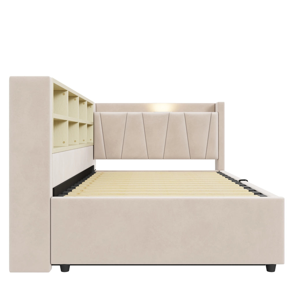 Letto imbottito singolo 90x200 cm in velluto beige con contenitore idraulico; USB e Type-C