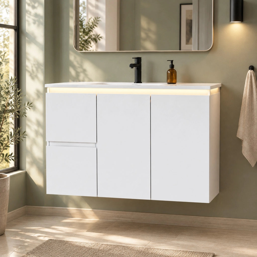 Mobiletto con lavabo sospeso con 2 cassetti; 2 ante soft-close e LED con sensore radar bianco 76 × 47 × 57 cm