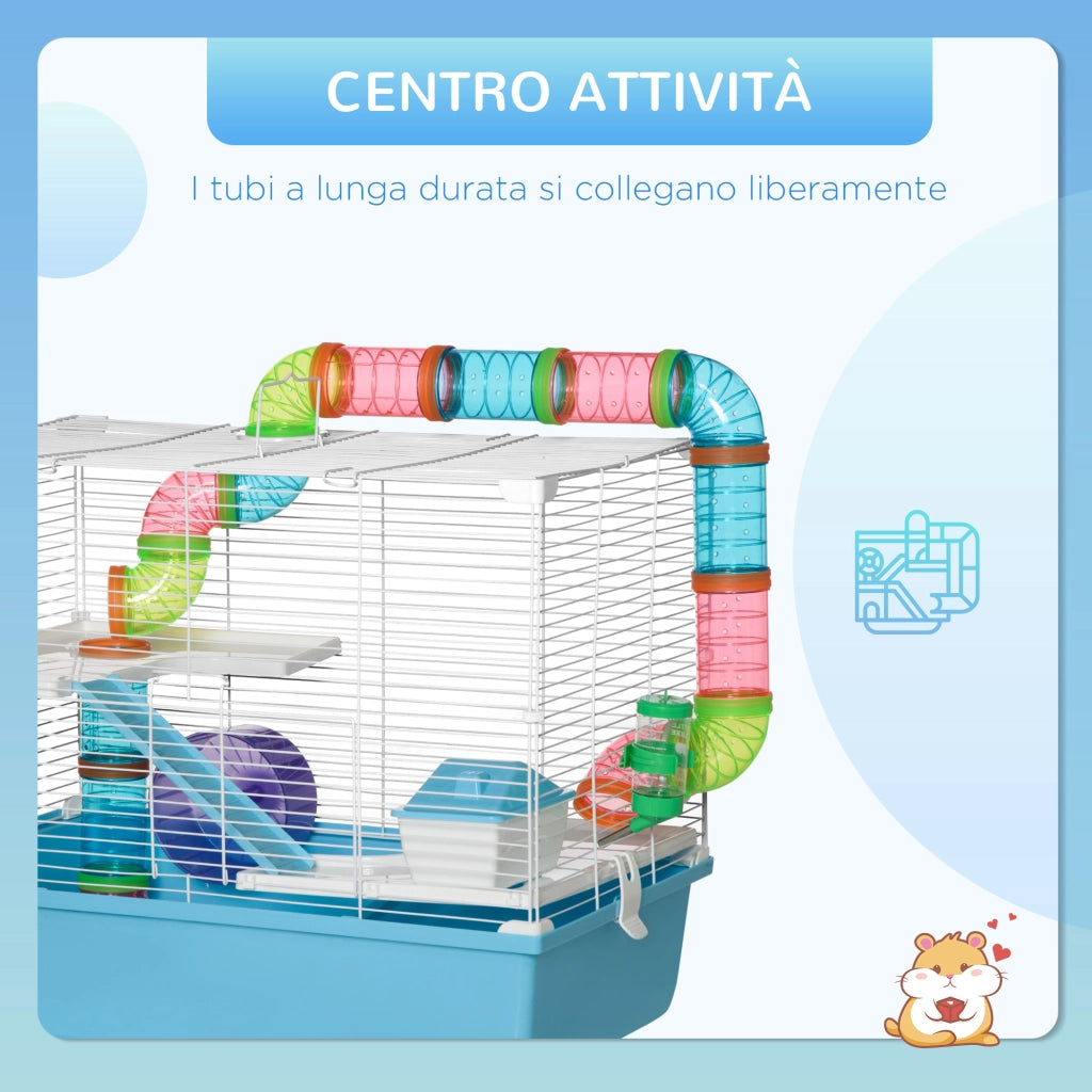 Gabbia per Criceti a 3 Livelli con Tubi, Casetta, Serbatoio dell'Acqua e Ruota, 59x36x47 cm