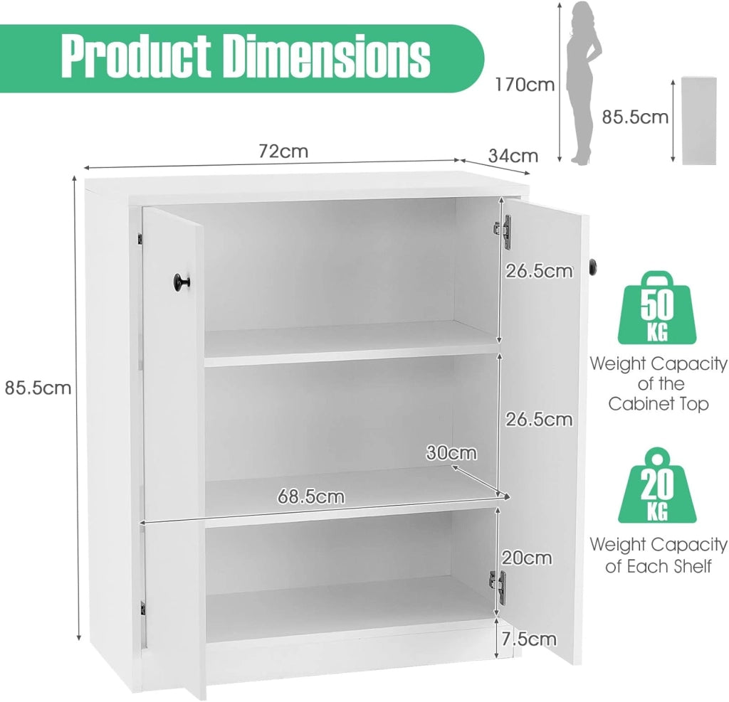 Credenza da Cucina con 2 ante, Mobile Cucina, Credenza Soggiorno Moderna, Sala da Pranzo, 72x34x85,5cm, Bianco