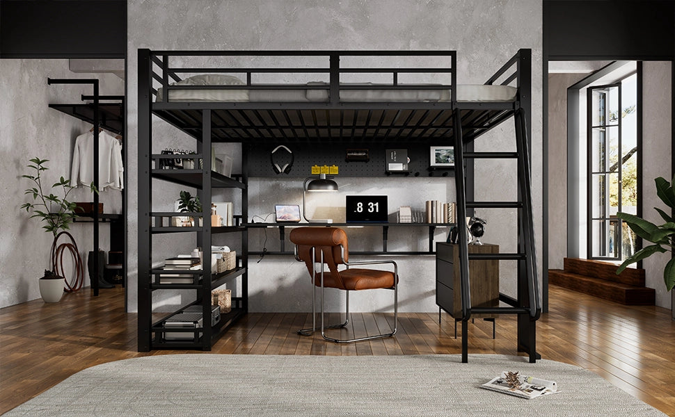LETTO a soppalco con ripiani 140x200 cm metallo e truciolato nero