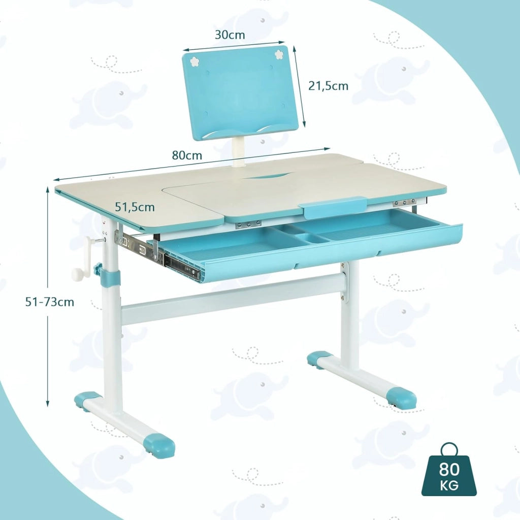 Scrivania per Bambini, Tavolo per Studenti con Regolabile in Altezza, con Piano Ribaltabile, Libreria, Cassetti e Righello di Misurazione, Ergonomica, Ideale per Bambini 3-12 Anni (Blue)