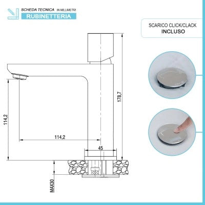 Miscelatore lavabo in ottone color nichel con piletta click clack Lotus
