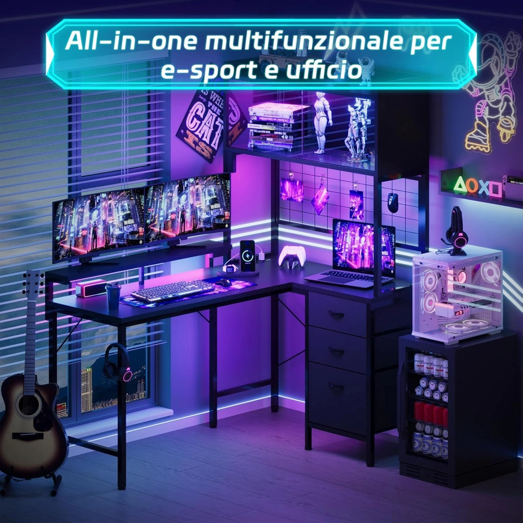 Scrivania Gaming con Luci LED e Presa Elettrica, 115_x_90_cm Scrivania Angolare a L con Mensola, Pannello a Griglia, 3 Cassetti e Supporto Monitor per Giocatori, Nero
