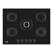 Piano cottura Samet Minerva 70 da incasso a gas 5 fuochi con manopole nere in vetro nero