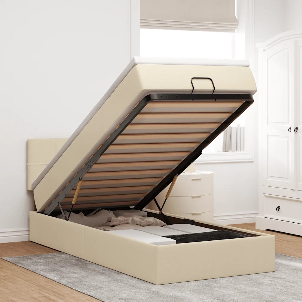 Pouf Letto con Materasso e LED Crema 90x200 cm in Tessuto