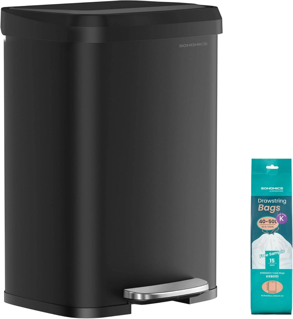 SONGMICS Cestino da Cucina, Pattumiera per Rifiuti da 50 L, Cestino a Pedale in Metallo con Coperchio, Alto e Grande, Nero LTB530B5002