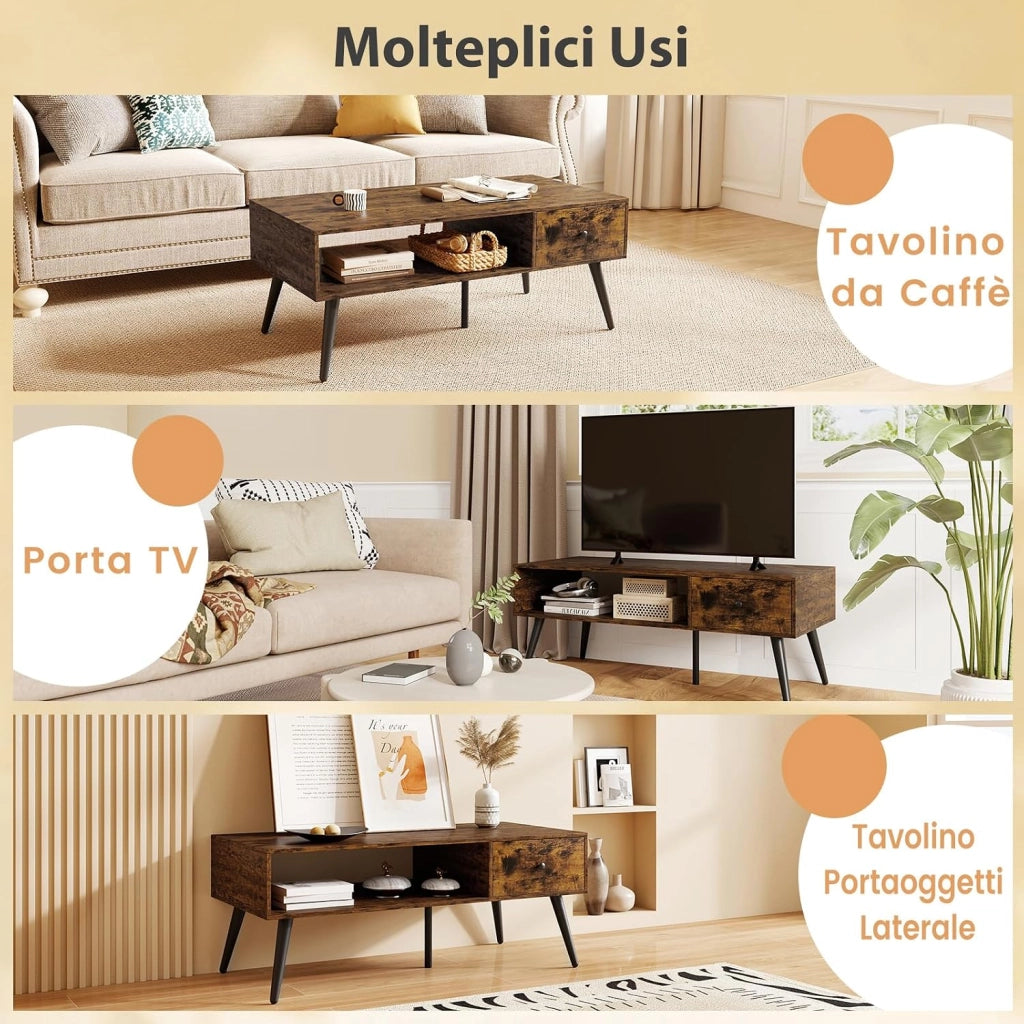 Tavolino da Salotto Rettangolare Design Moderno, Tavolino da Caffè con Cassetto e Mensola Inferiore, Tavolino Basso da Divano con Gambe in Metallo per Soggiorno, 109 x 55 x 42 cm (Marrone)