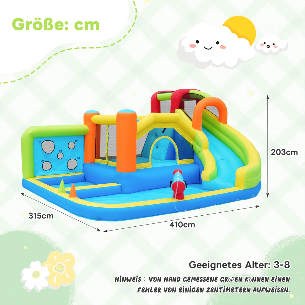 Castello gonfiabile multifunzione con scivolo d'acqua trampolino parete da arrampicata e soffiatore 450 W in tessuto oxford blu