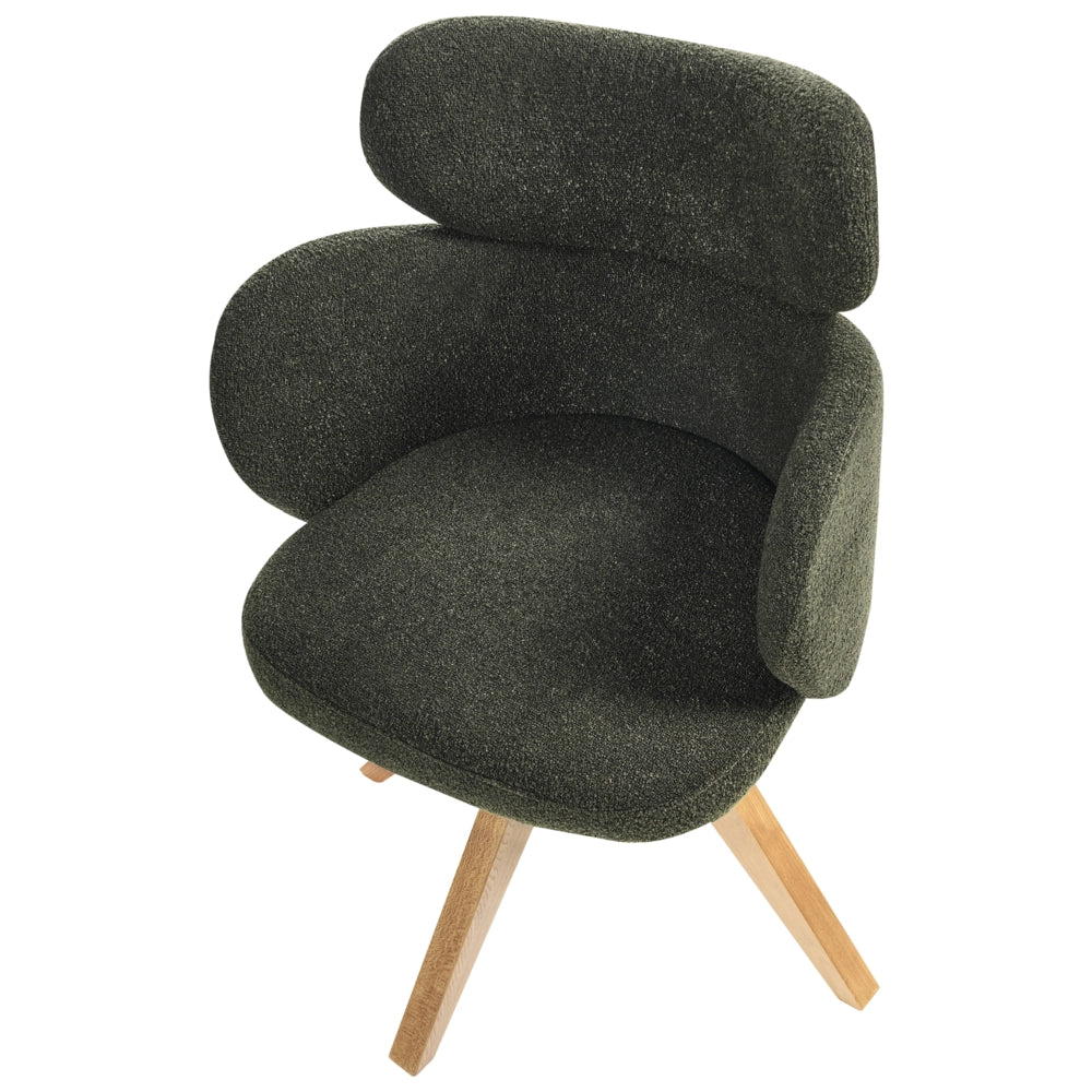 Sedia da pranzo girevole con schienale curvo in boucle verde stile scandinavo
