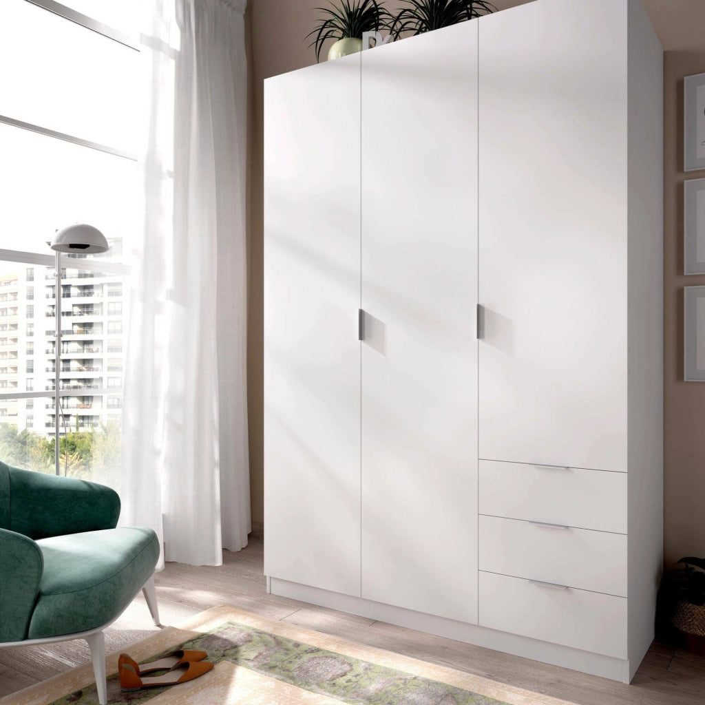 Guardaroba Astru, Mobile appendiabiti per camera da letto, Armadio a 3 ante battenti e 3 cassetti, 121x52h184 cm, Bianco