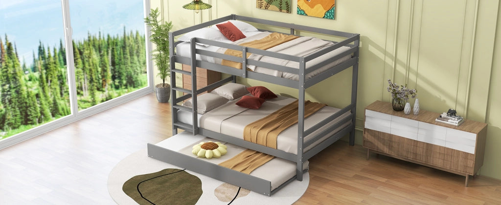 DESMIU Letto a castello 140 × 200 cm 3 posti con letto estraibile e scala, senza materasso, in pino e MDF, grigio