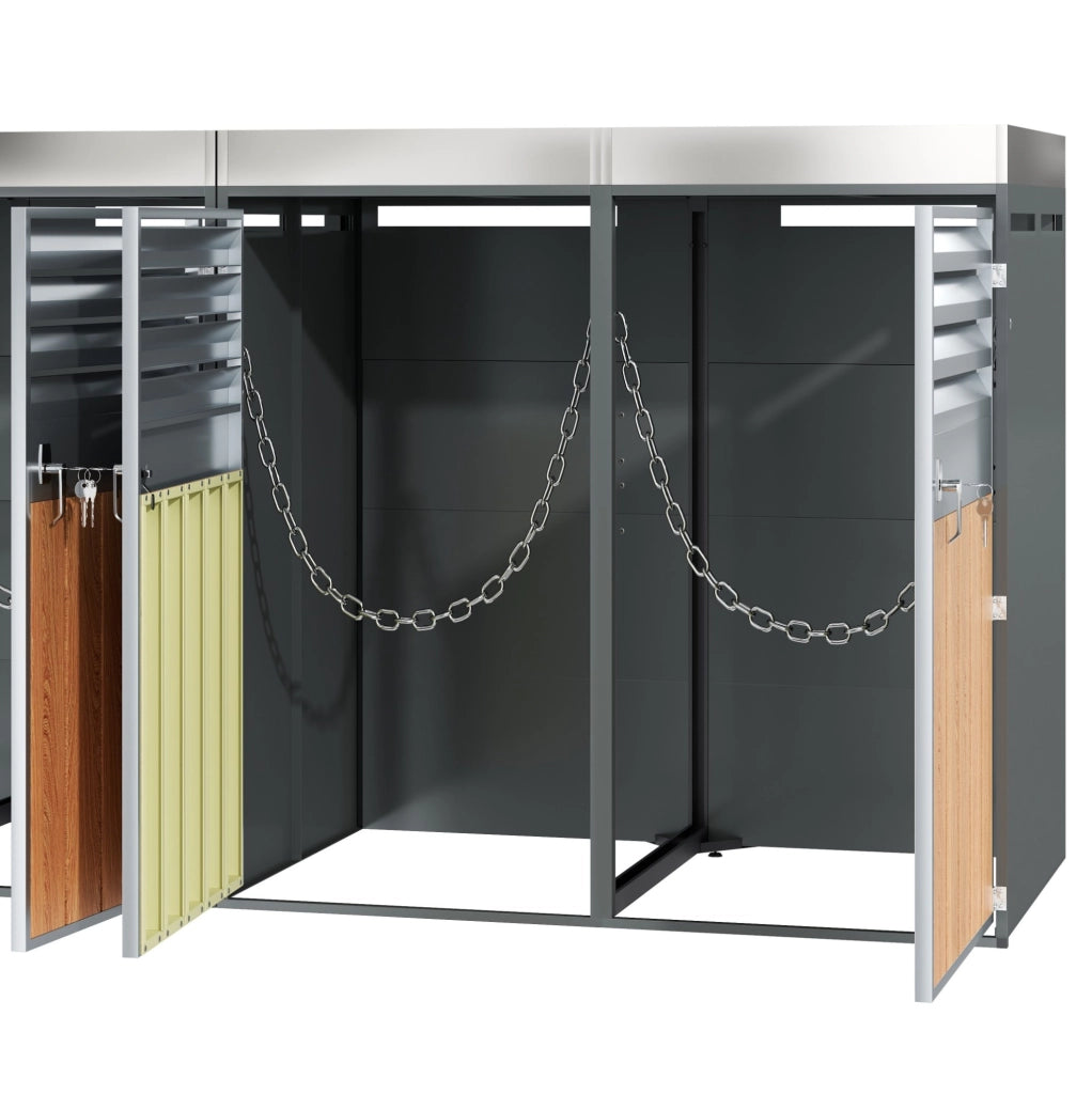 Mülltonnenschrank con fioriera integrata; 4 scomparti; acciaio zincato grigio e effetto legno