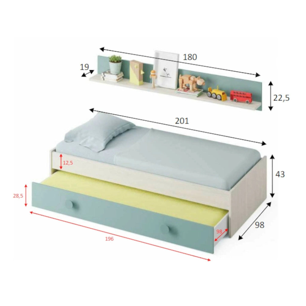 Letto singolo Aqua, Struttura letto per cameretta, Letto singolo con lettino estraibile o cassettone e mensola abbinata, cm 199x95h65, Bianco e Verde acqua