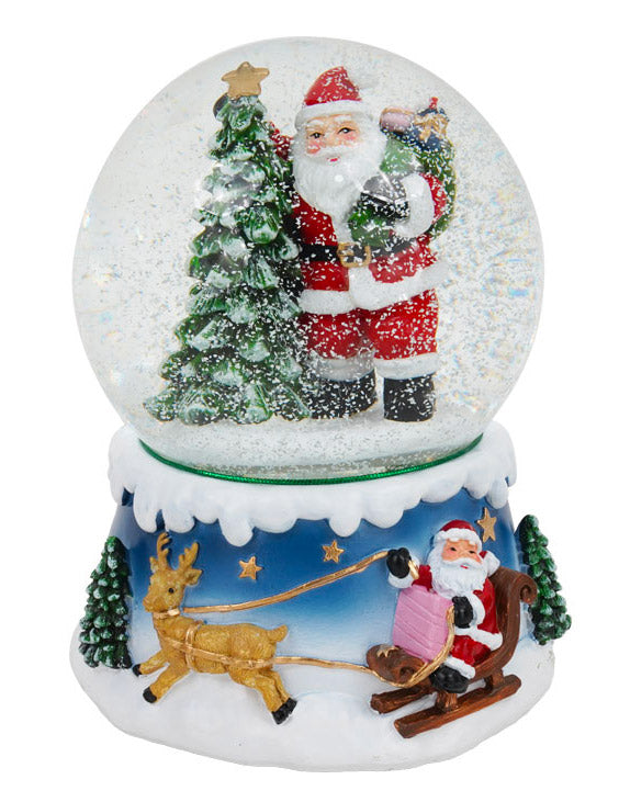 Ampolla Natalizia a Batteria Ø13,5x17,5 cm in Resina con Babbo Natale Slitta Musica e Luci