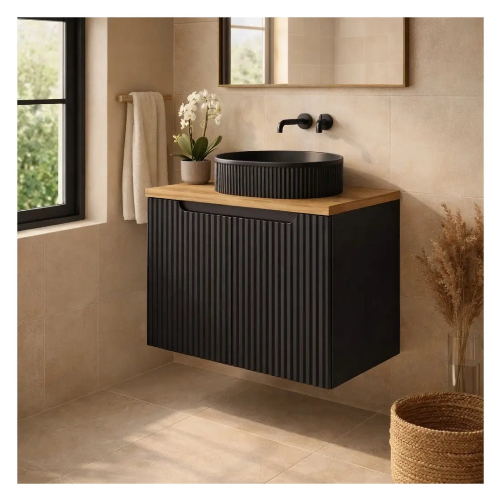 Set da bagno VANO 60cm: mobile sottolavabo con ante scanalate verticalmente + piano per lavabo effetto rovere