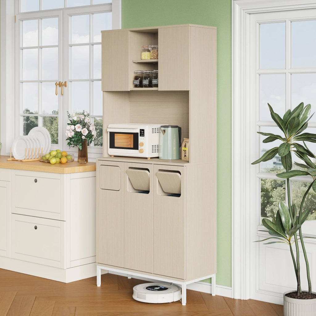 Colonna da cucina con vano rifiuti e ripiano per microonde in MDF effetto legno chiaro bianco 80 × 35 × 181 cm