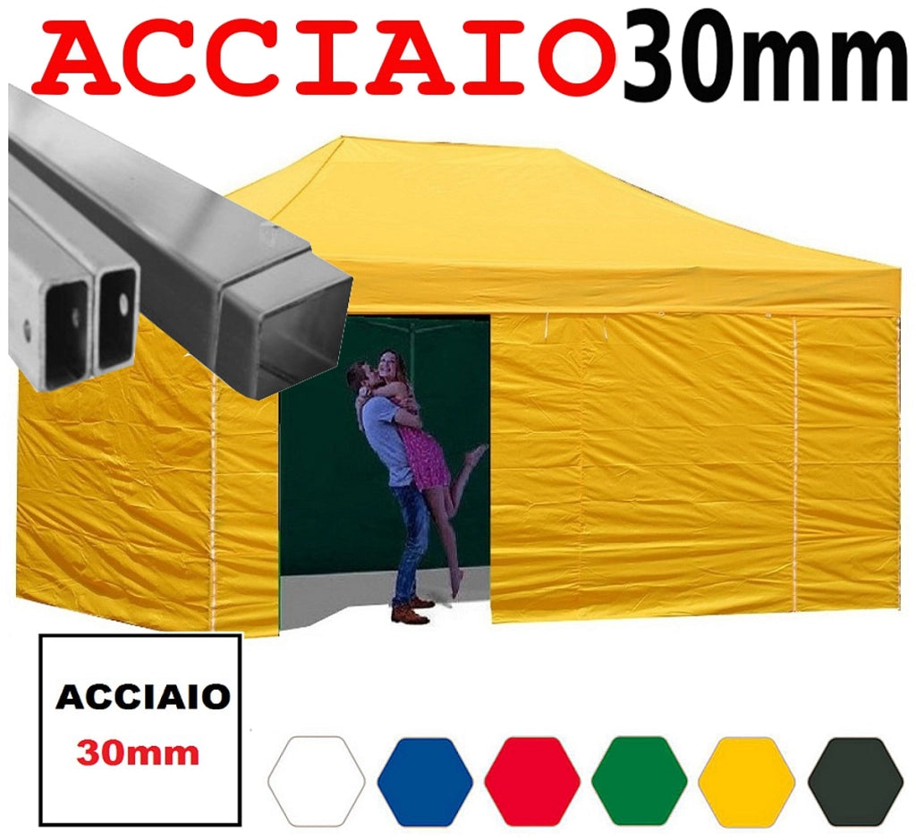 Gazebo 3x6 m giallo pieghevole portatile estendibile richiudibile estensibile acciaio con laterali per fiere eventi stand chiosco tenda tendone mercato mercatino