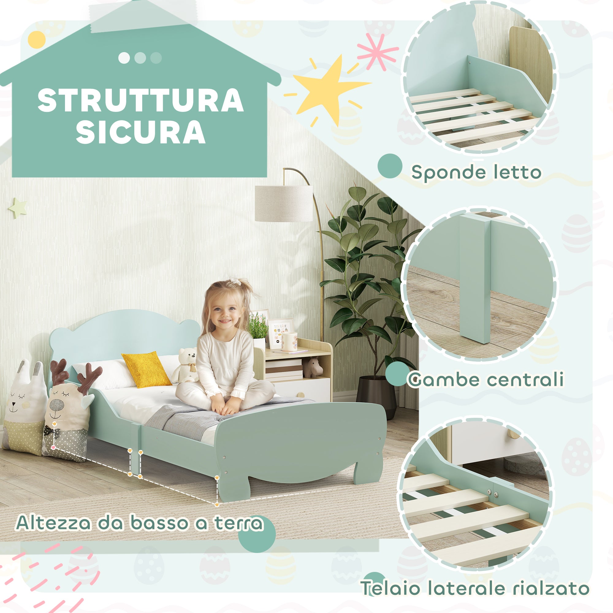 Struttura Letto Singolo per Bambini Orso 143,5x80x55 cm con Sponde Laterali in Legno Verde