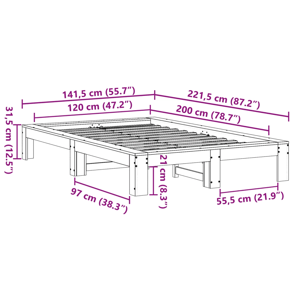 Letto senza Materasso 120x200 cm in Legno Massello di Pino
