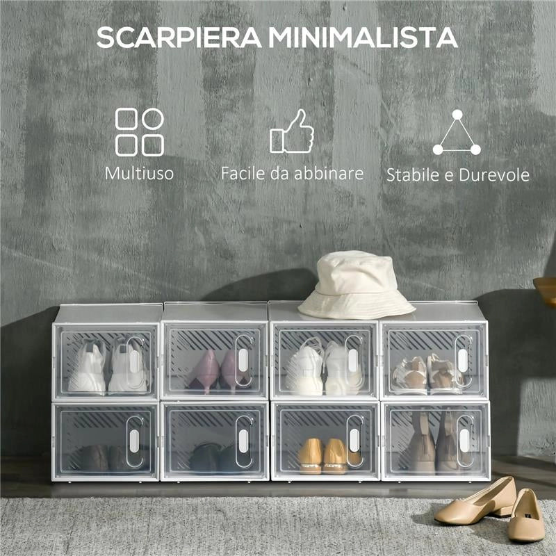 SCARPIERA MODULARE IN PP CON 8 CUBI CONTENITORI E PORTA MAGNETICA, 25X35X19 CM, BIANCO E TRASPARENTE