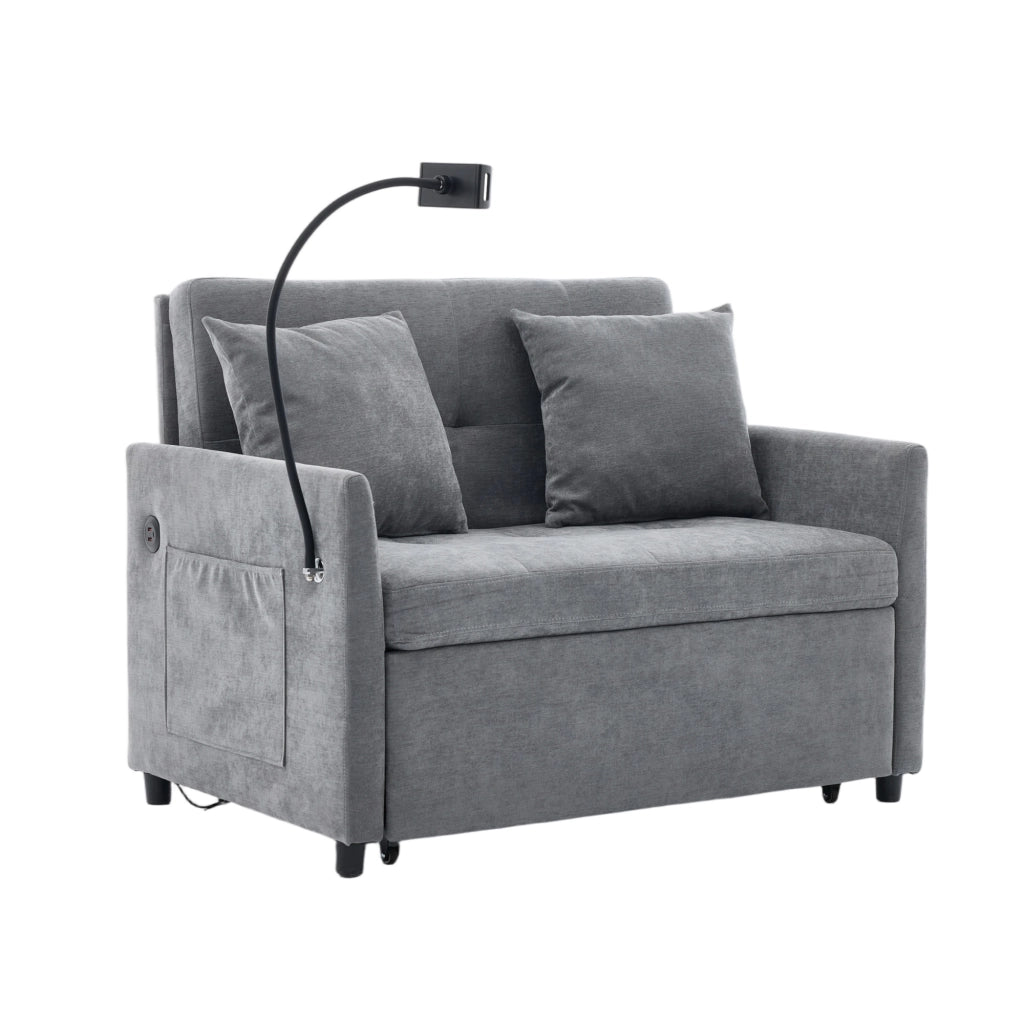 Divano letto pieghevole moderno con USB; supporto tablet e rivestimento grigio