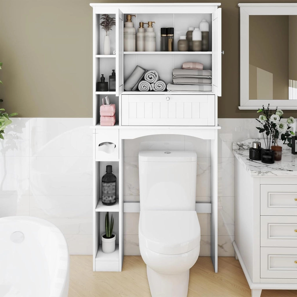 Mobiletto Spora WC 80 x 21 x 165 cm, Scaffale Lavatrice con 2 Ante, Ripiano Regolabile, Barra Inferiore e Porta Carta Igienica, Mobile Portabiancheria per Bagno