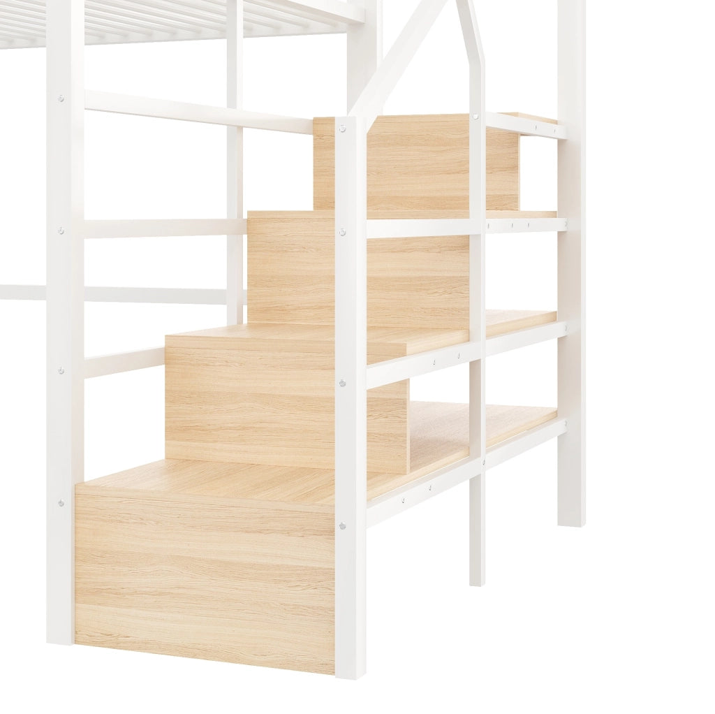Letto a soppalco 140x200 cm con LED e scale contenitore bianco