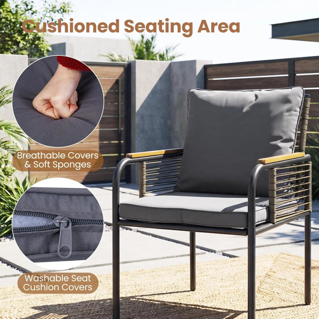 Set Mobile da Giardino in PE Rattan, Tavolo e 2 Sedie con Piano in Vetro Temperato, Cuscini Morbidi e Braccioli in Legno-Plastica, Salotto da Estemo per Cortile, Patio, Piscina (Grigio)