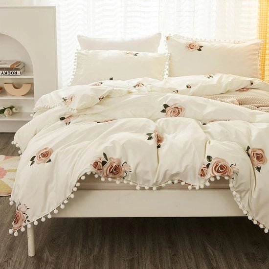 Set di coperte 3-delig 220 x 240 cm, microfibra, soffice, bianco, rosa, fiori, pomponi, reversibile, con cerniera e 2 copri cuscino 80 x
