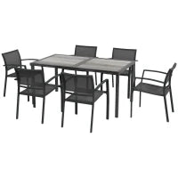 Set da Giardino con 6 Sedie Impilabili in Tessuto a Rete e Tavolo Effetto Legno, Grigio