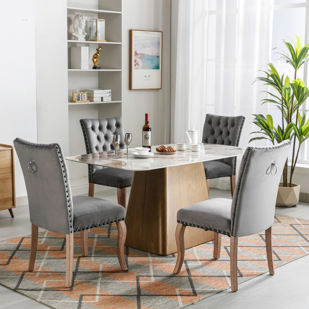 Sedia da pranzo in velluto con schienale ergonomico, anello decorativo e borchie, Grigio 49 × 63 × 95 cm