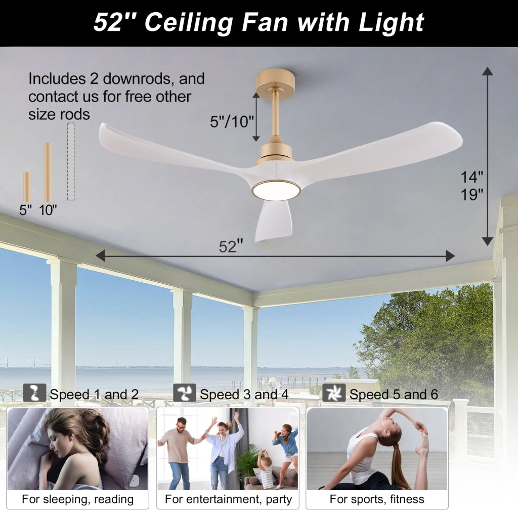 Ventilatore da soffitto bianco-oro 52 pollici con luce e telecomando, funzione memoria, motore DC silenzioso reversibile, 3 pale ABS
