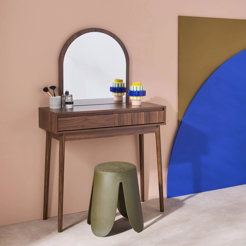 Toeletta trucco decorata in legno con specchio e 2 cassetti, 90cm,
