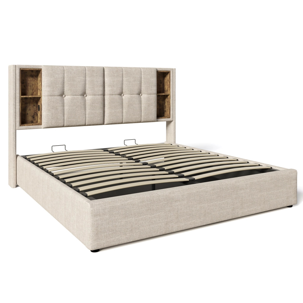 OKWISH Letto Contenitore 160×200 cm, Letto Matrimoniale con Ricarica Wireless, USB, Tipo C e Mensole, senza Materasso, in Lino, Naturale