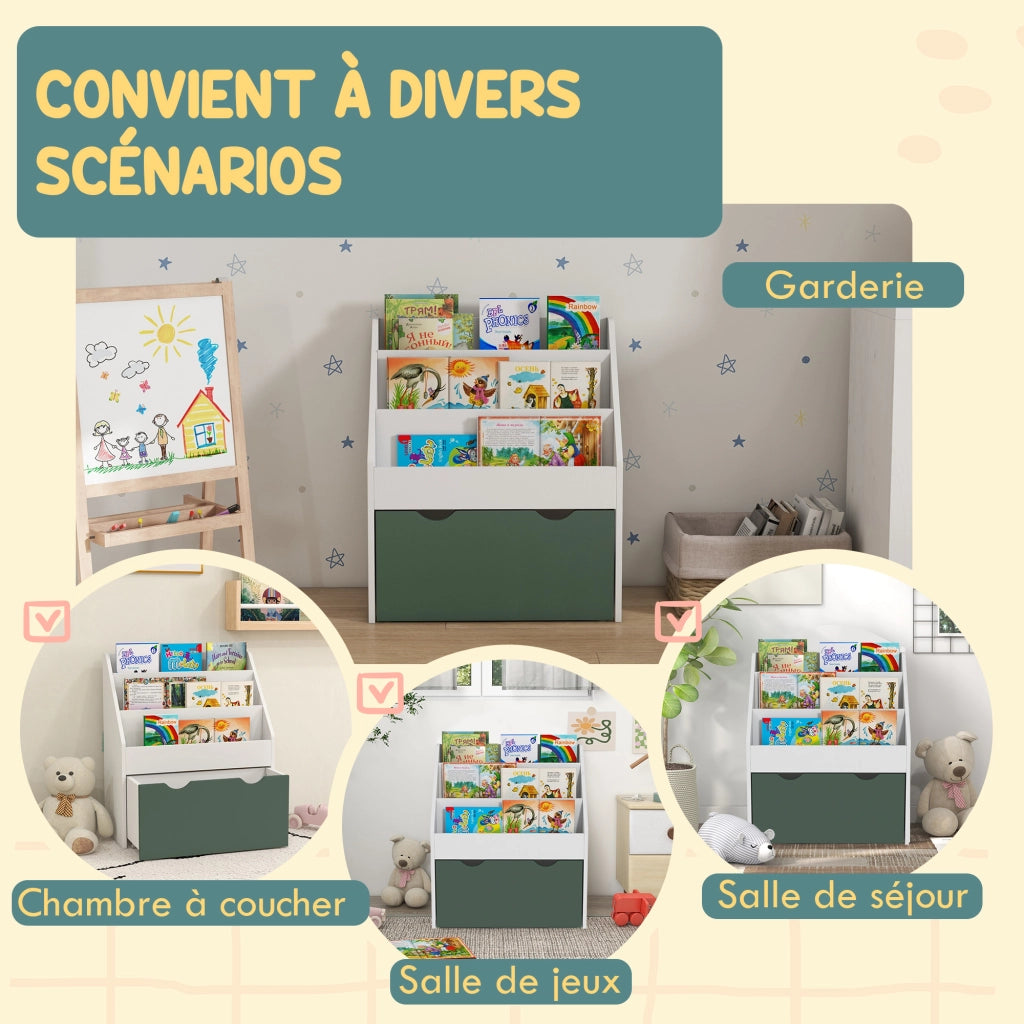Libreria bambini con cassetto ¨C Xylo ¨C legno verde 3 ripiani 62,5x30x70
