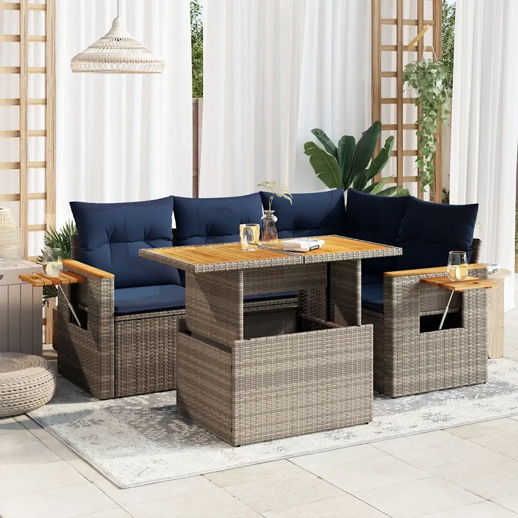 Set Divano Giardino 5 pz con Cuscini Grigio Polyrattan Acacia