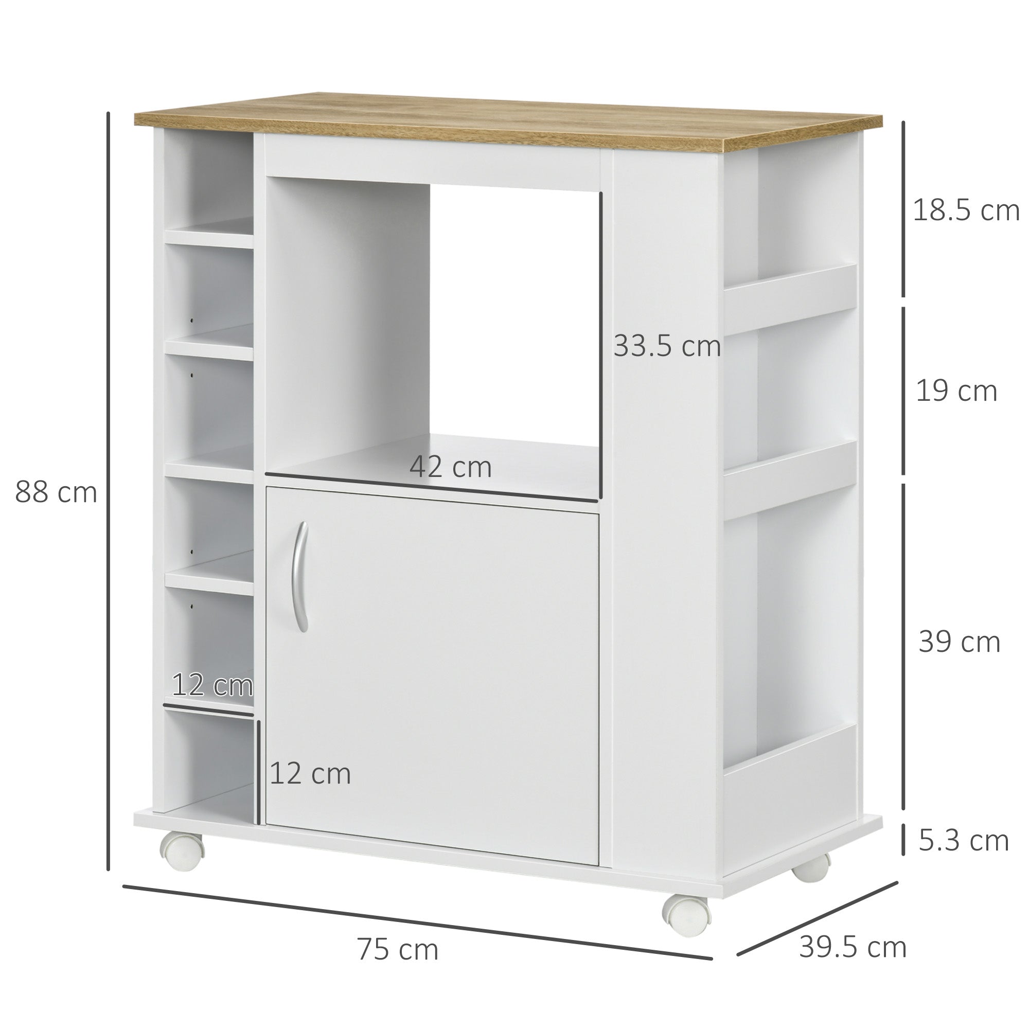 Carrello da Cucina con Armadietto e Ripiani Regolabili 75x39,5x88 cm Bianco
