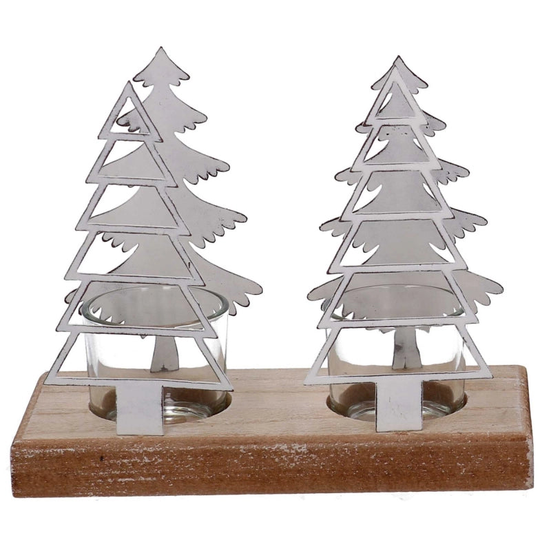 Set di 2 Portacandele metallo 2 posti alberi bianco cm 18x8h15