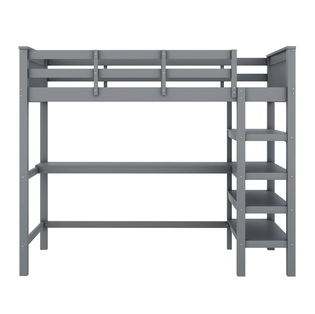 Letto a soppalco ULEVR 90x200 cm con scrivania e ripiani, scala integrata e barriera di sicurezza, grigio